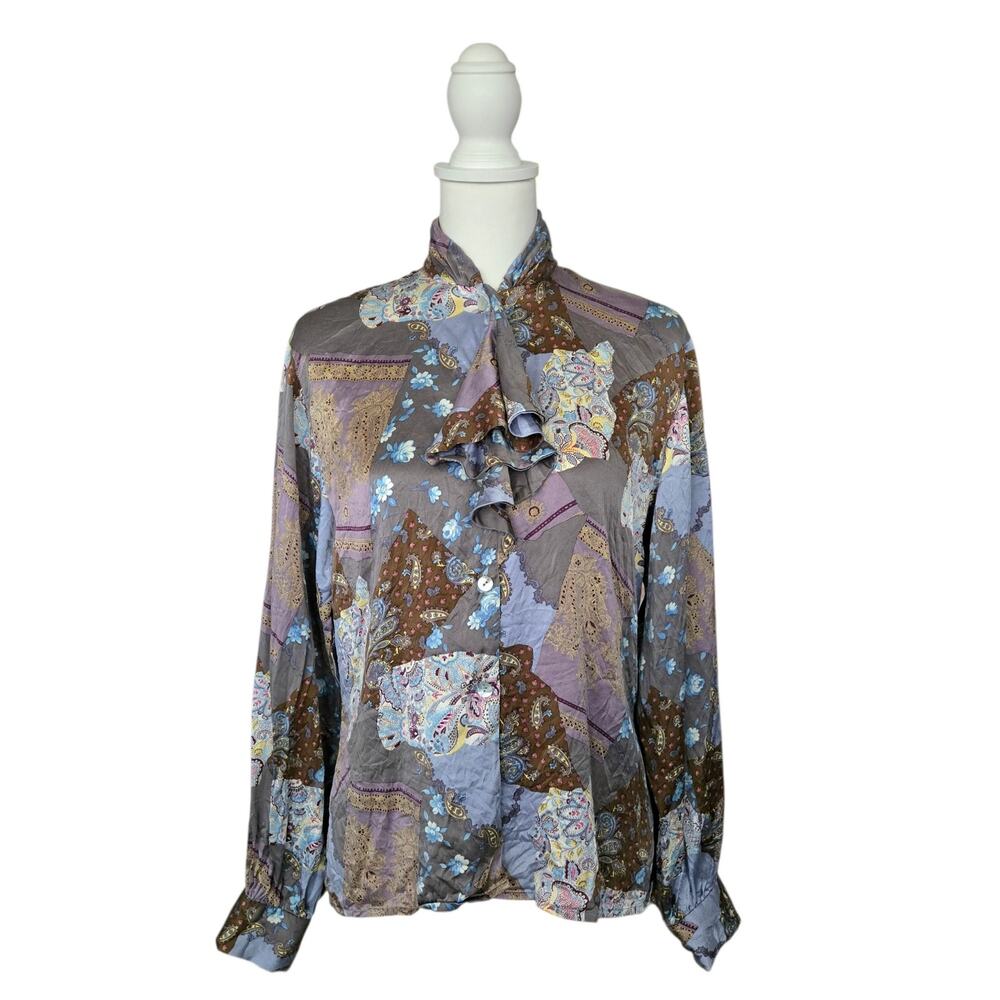 Vintage 100% Silk Patchwork Ruffle Button Up Top 6 Loretta Pierce Master Design